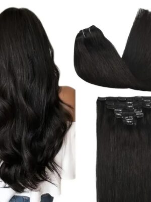 20″ Natural Black 100% Human Hair Clip-In Extensions